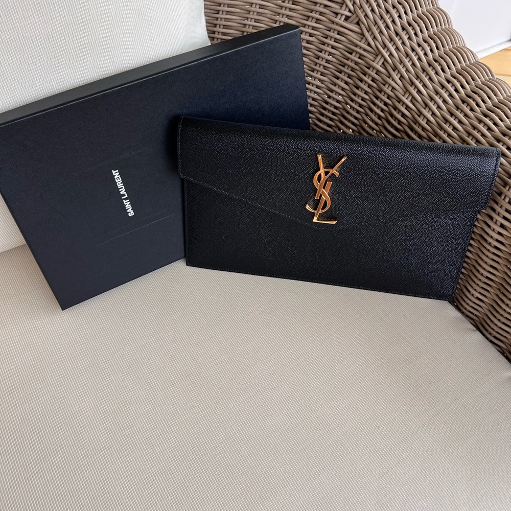 Saint Laurent Black Envelope Clutch with Gold Monogram
